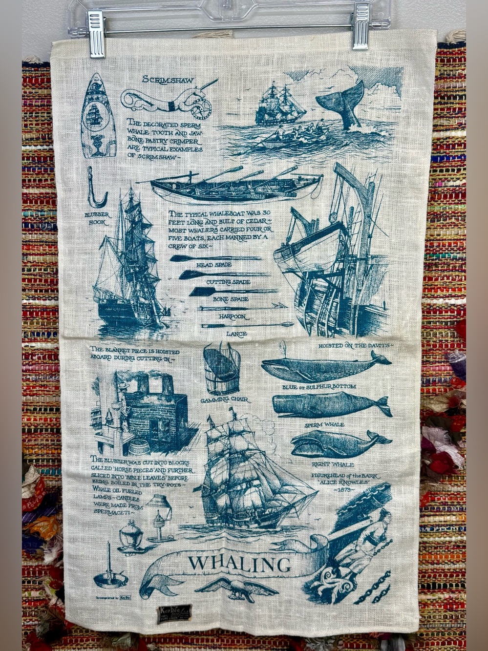 vintage Kay Dee linen tea towel featuring a blue ink "Whaling Life" nautical des